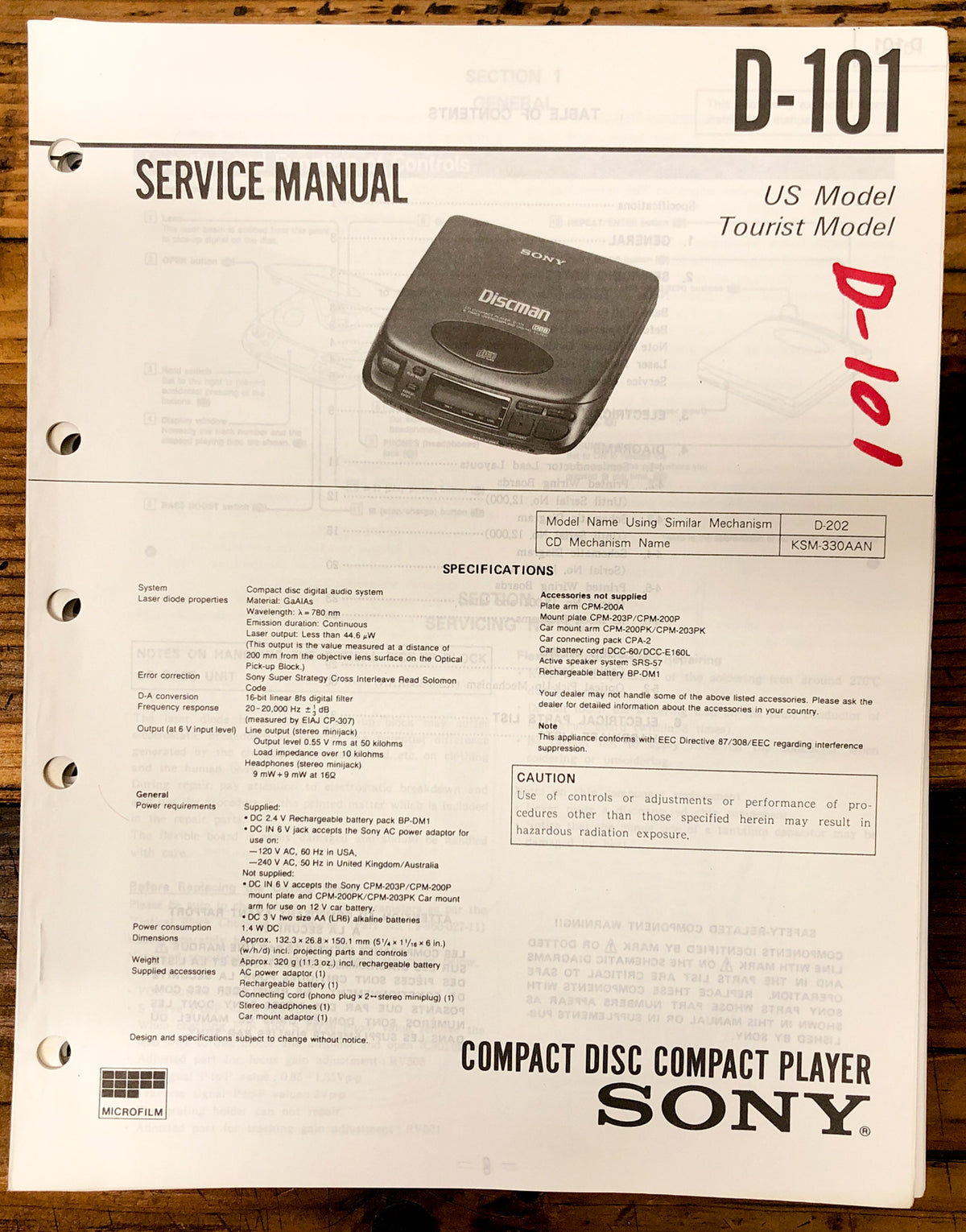 Sony D-101 CD Player / Discman  Service Manual *Original*
