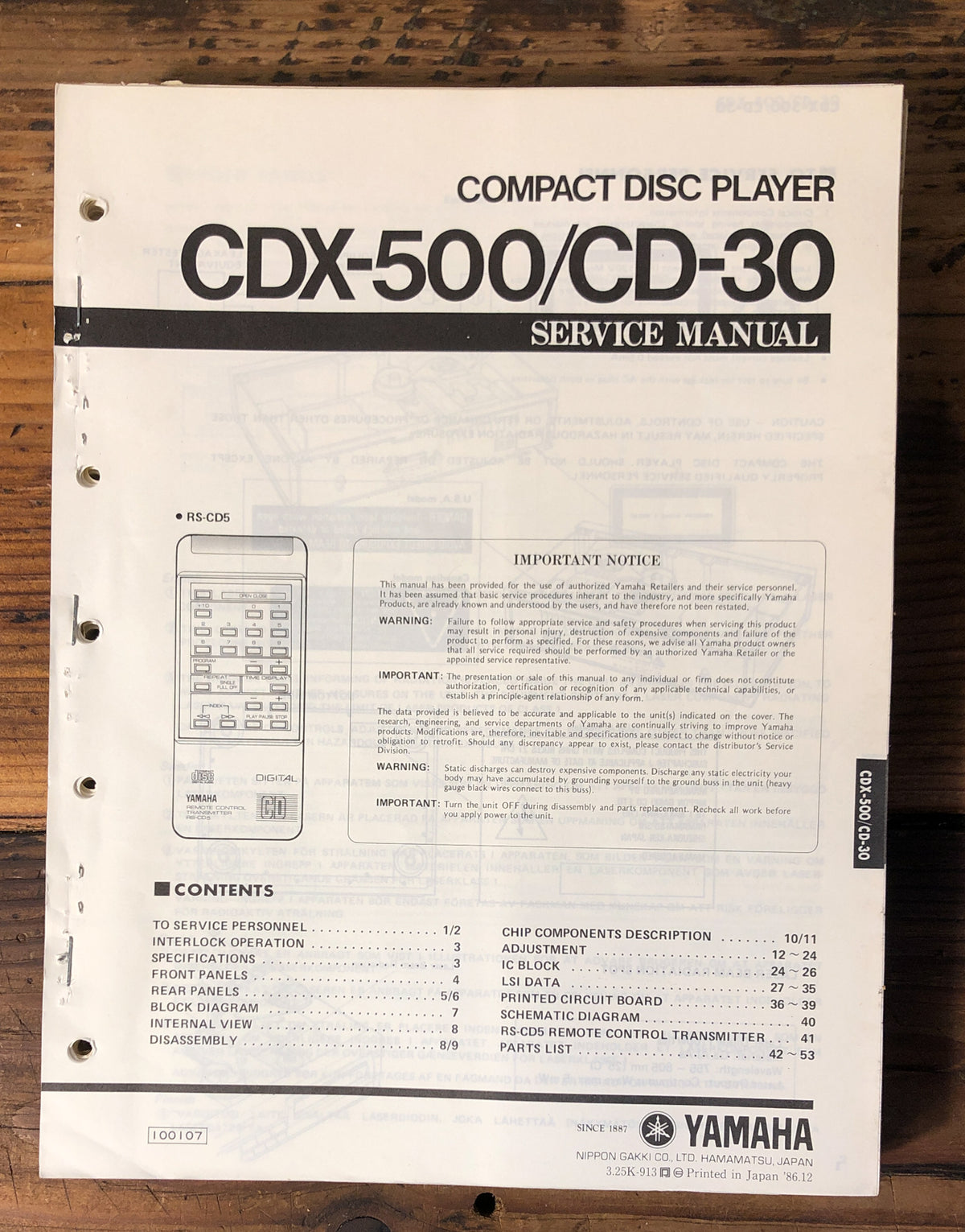 Yamaha CDX-500 CD-30 CD Player  Service Manual *Original*