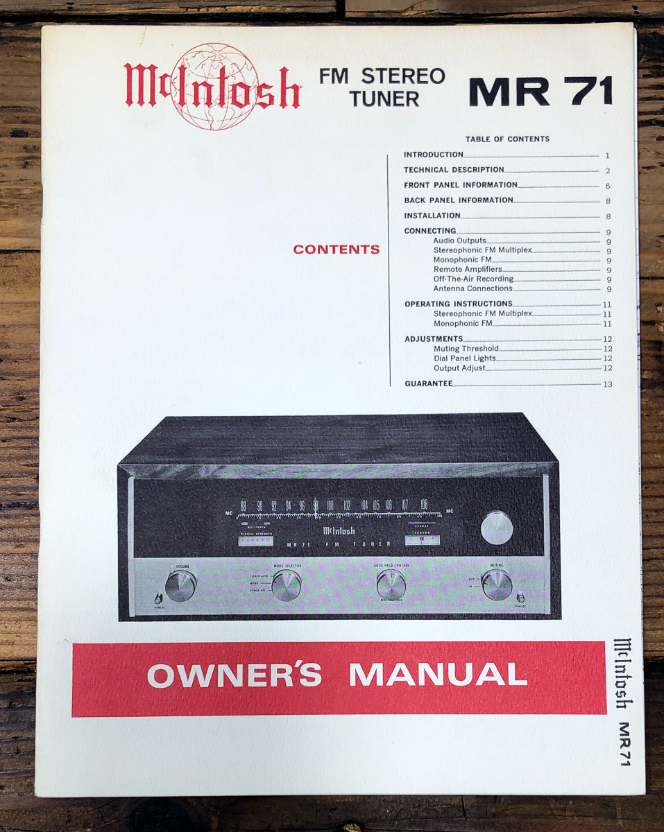 McIntosh MR-71 MR71 Tuner Issue 1 Owners / User Manual *Original*