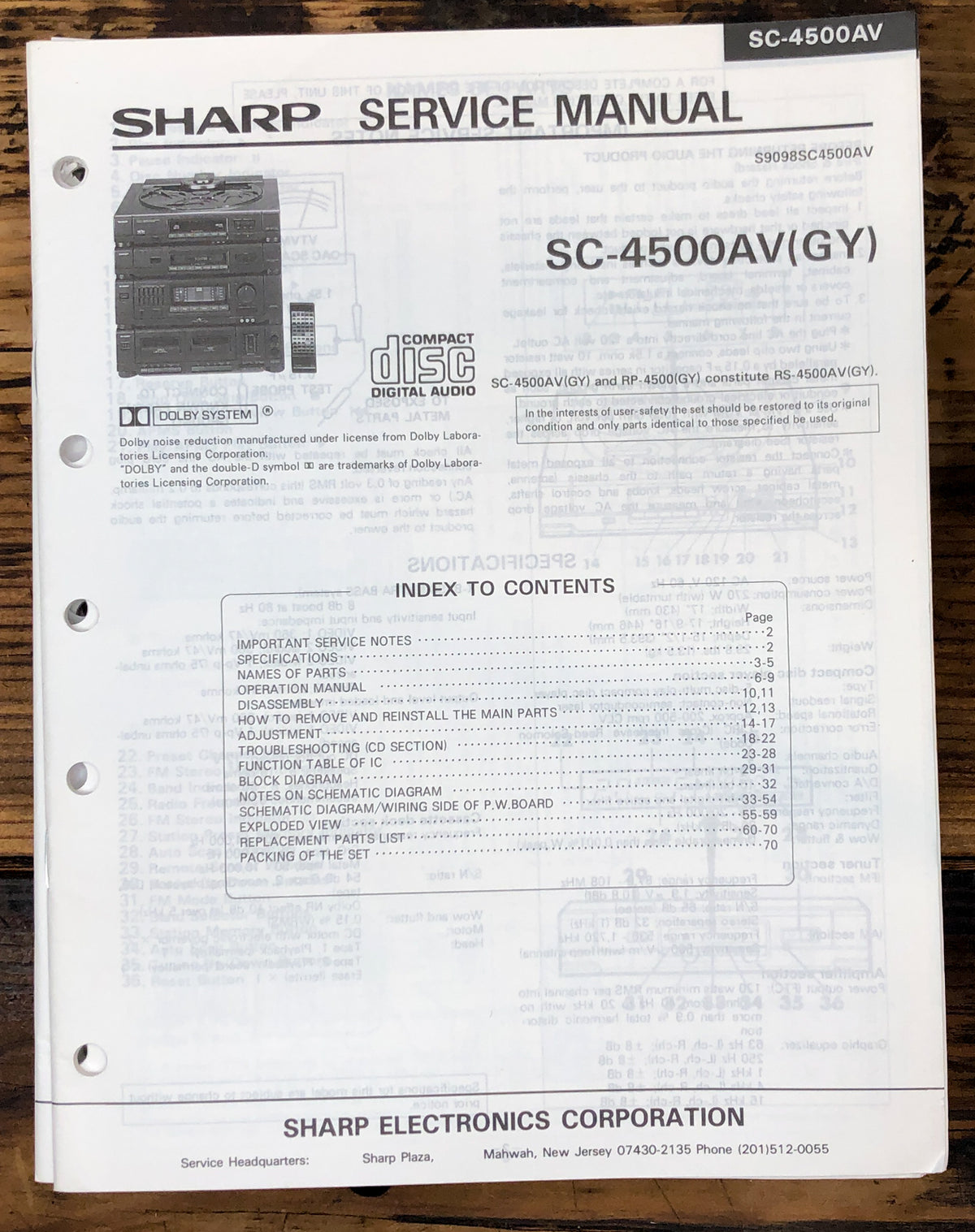 Sharp SC-4500AV Stereo System Service Manual *Original*