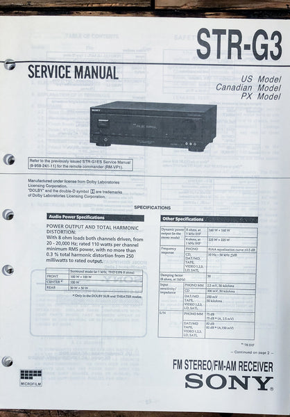 Sony STR-G3 Receiver  Service Manual *Original*