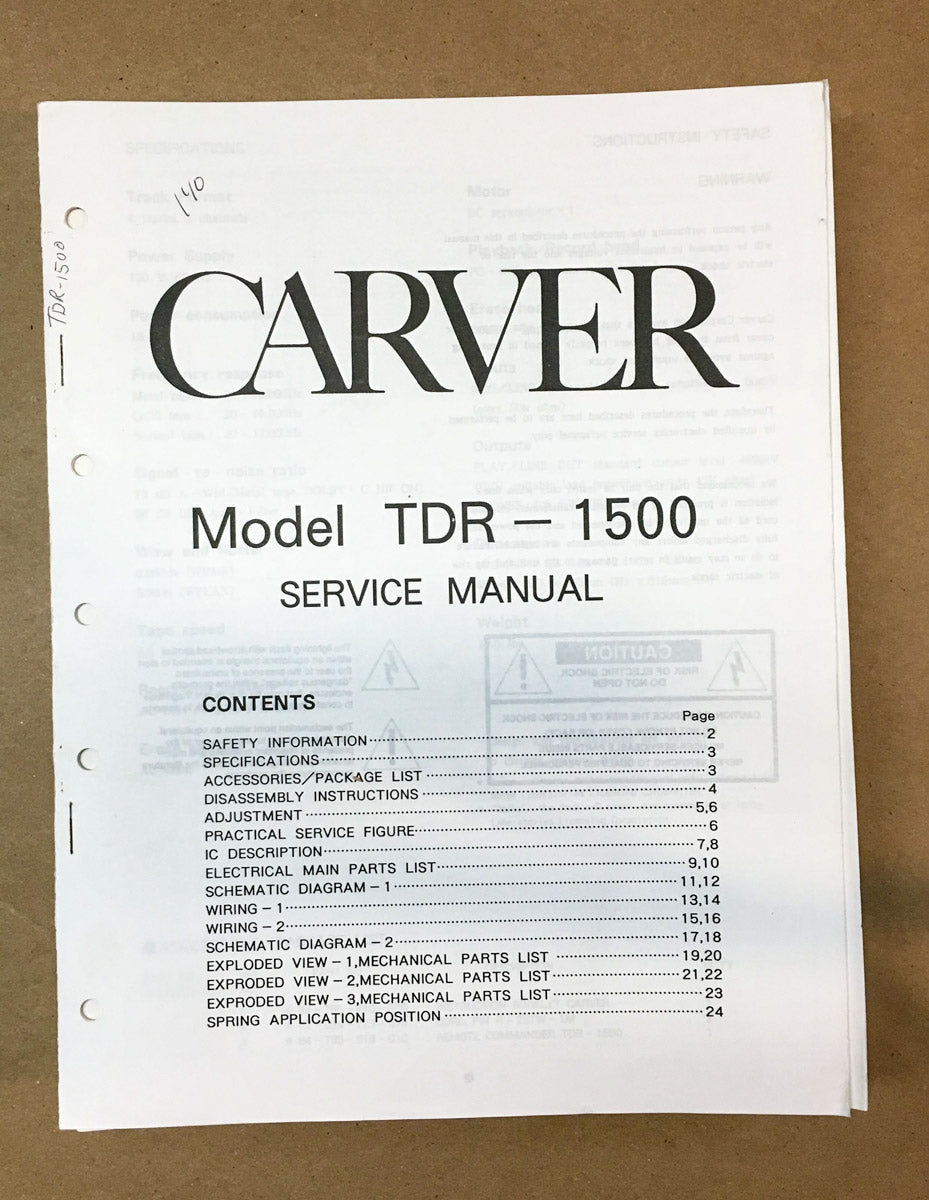 Carver TDR-1500 Cassette  Service Manual *Original*