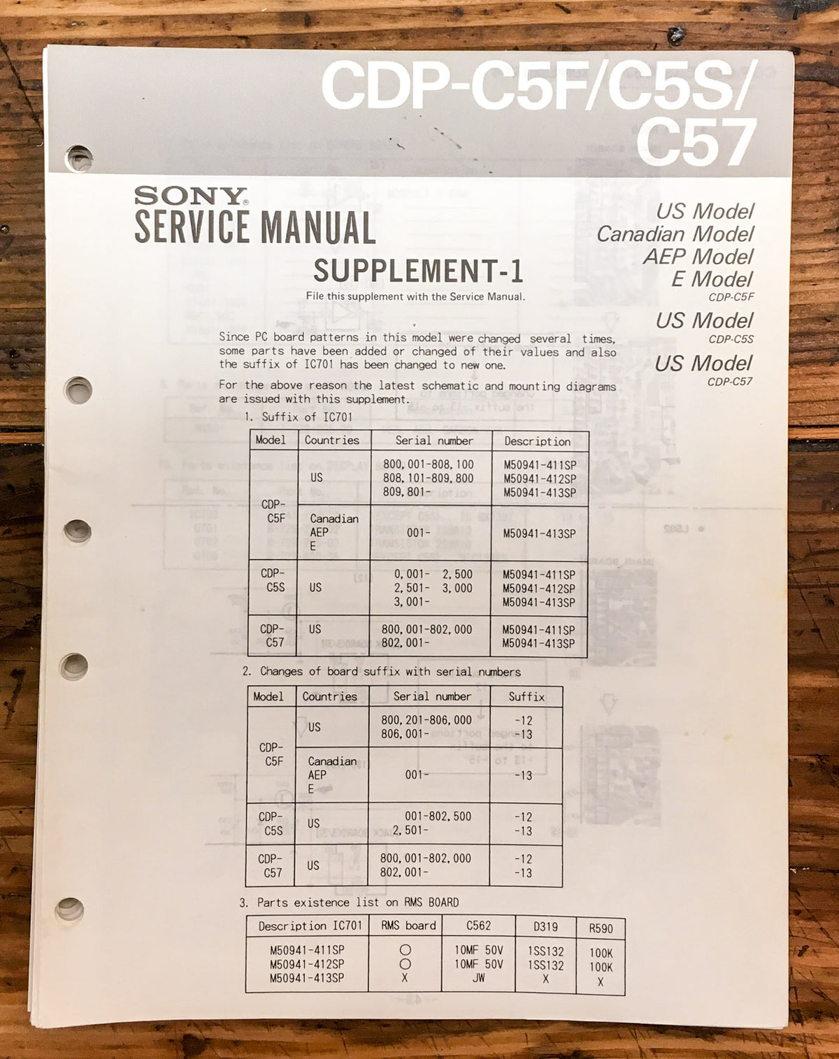 Sony CDP-C5F CDP-C5S CDP-C57 CD Player  Service Manual Supplement *Original*