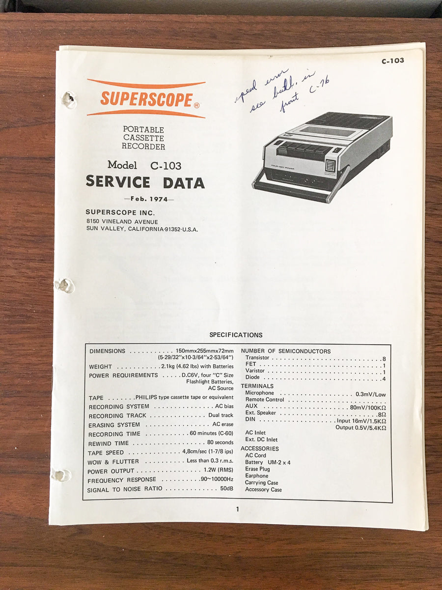 Superscope C-103 Cassette Recorder Service Manual *Original*