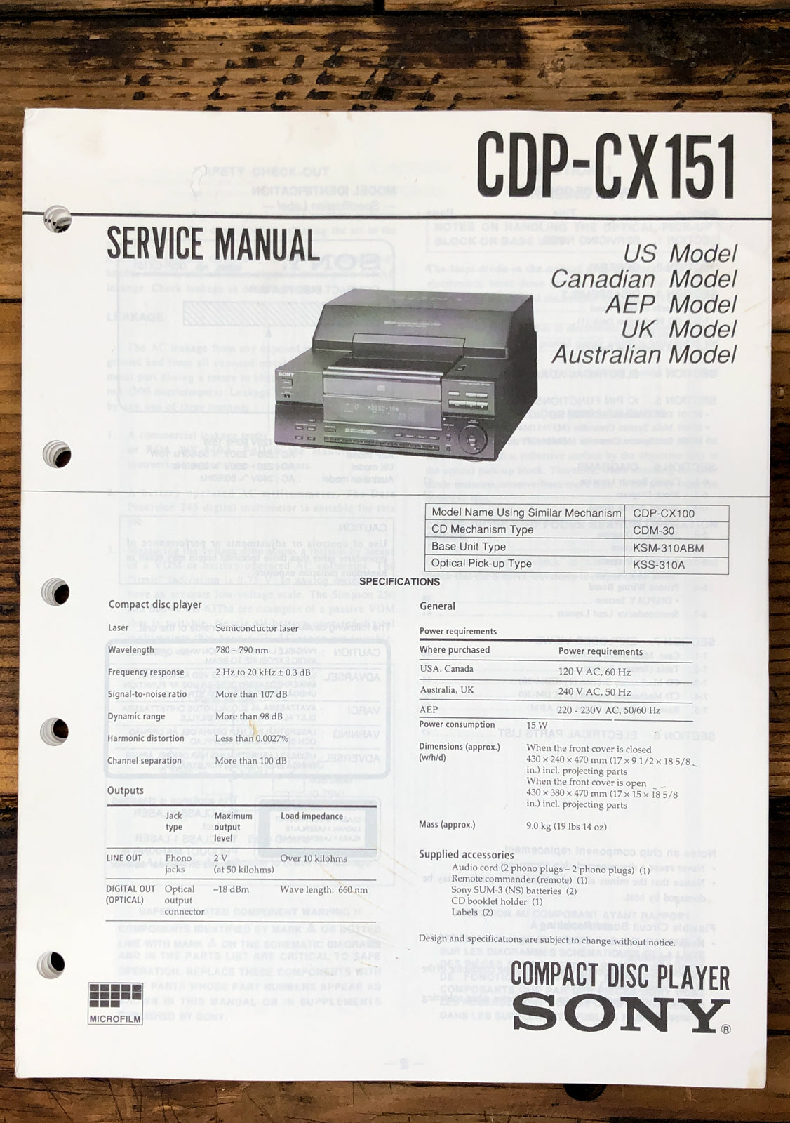 Sony CDP-CX151 CD Player  Service Manual *Original*