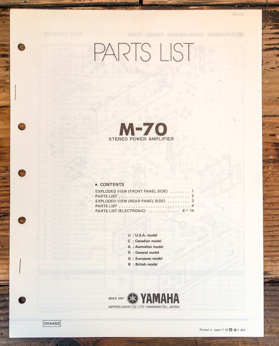 Yamaha M-70 Amplifier Parts List Manual *Original*
