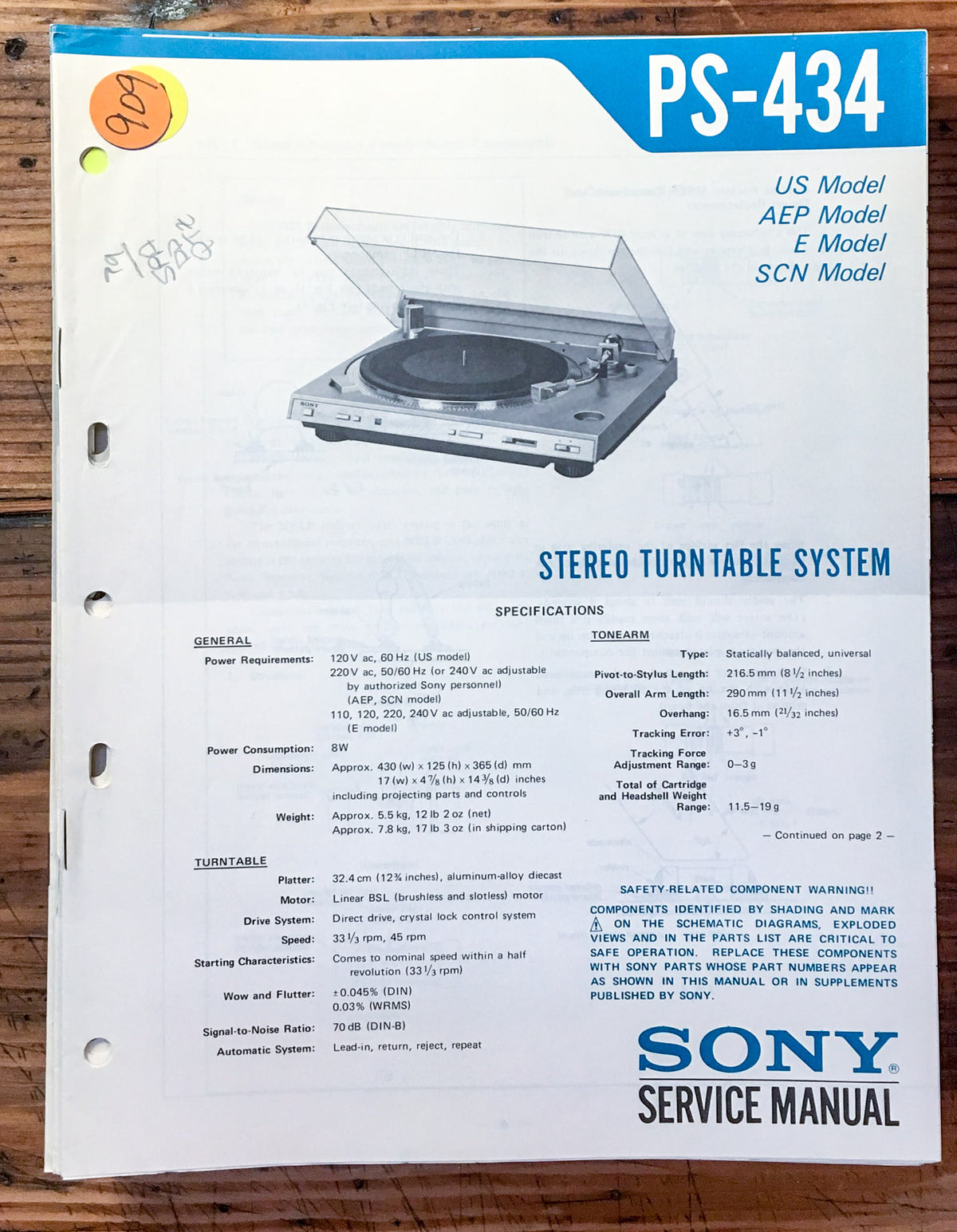 Sony PS-434 Record Player / Turntable  Service Manual *Original*