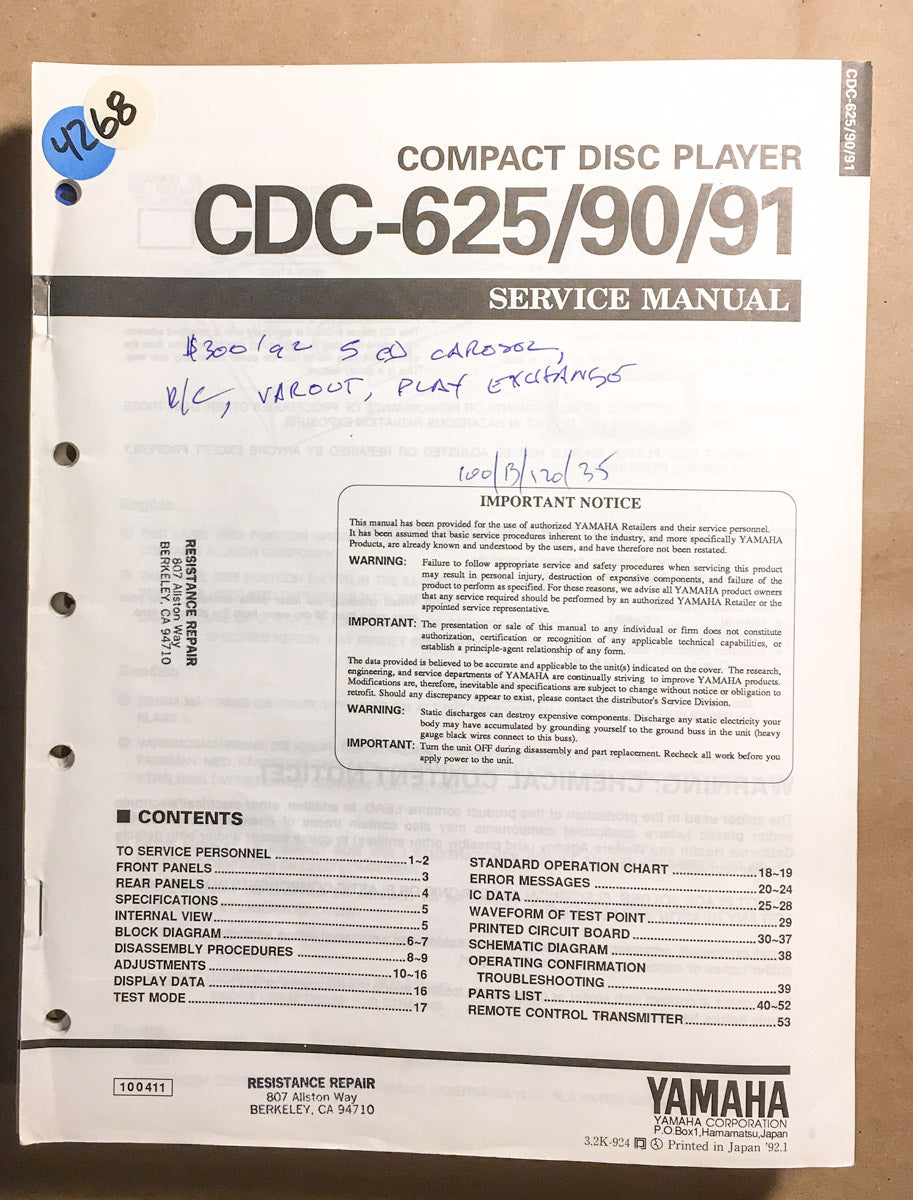Yamaha CDC-625 CDC-90 CDC-91 CD Player  Service Manual *Original*