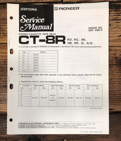Pioneer CT-8R Cassette Additional Service Manual *Original*