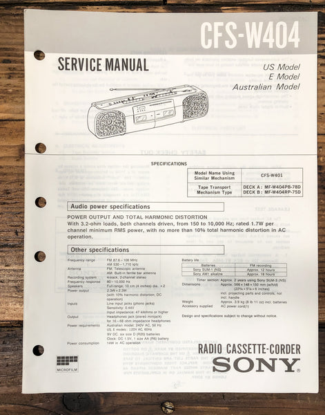 Sony CFS-W404 Radio Service Manual *Original*