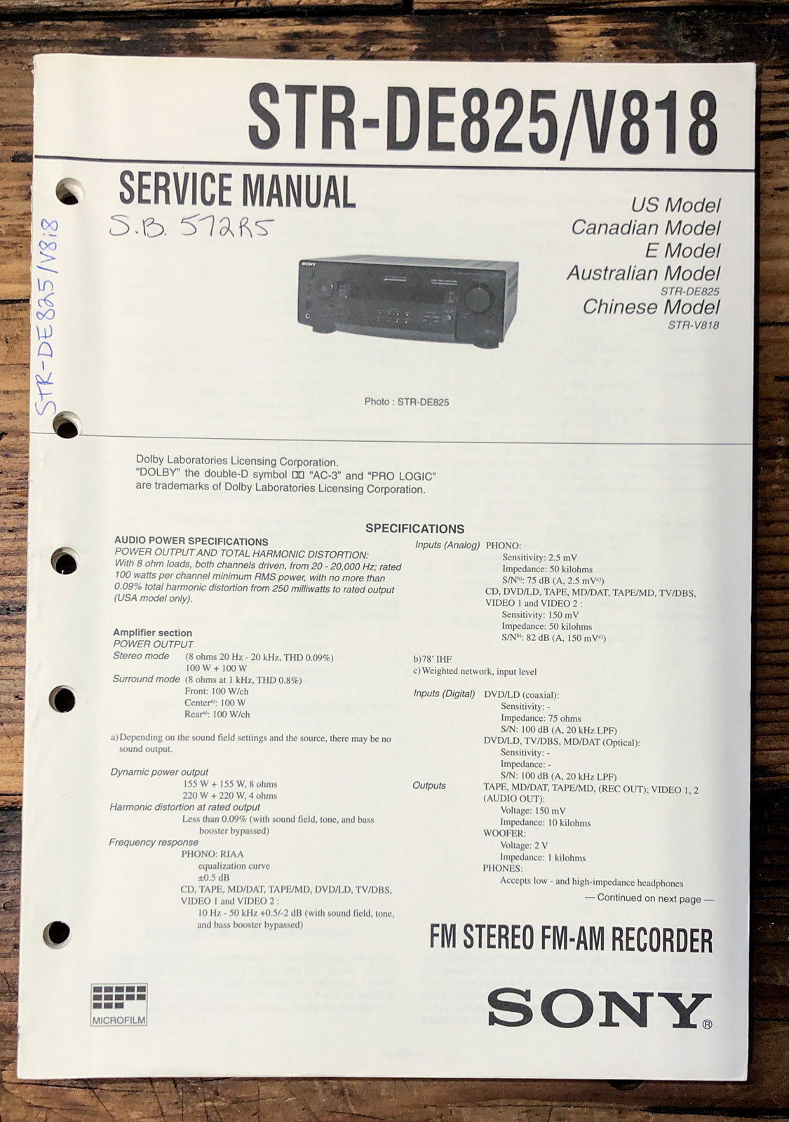 Sony STR-DE825 STR-V818 Receiver  Service Manual *Original*