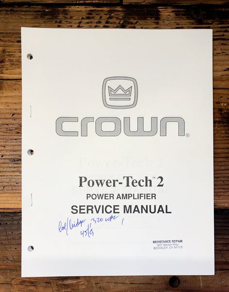 Crown PT-2 Amplifier  Service Manual *Original*