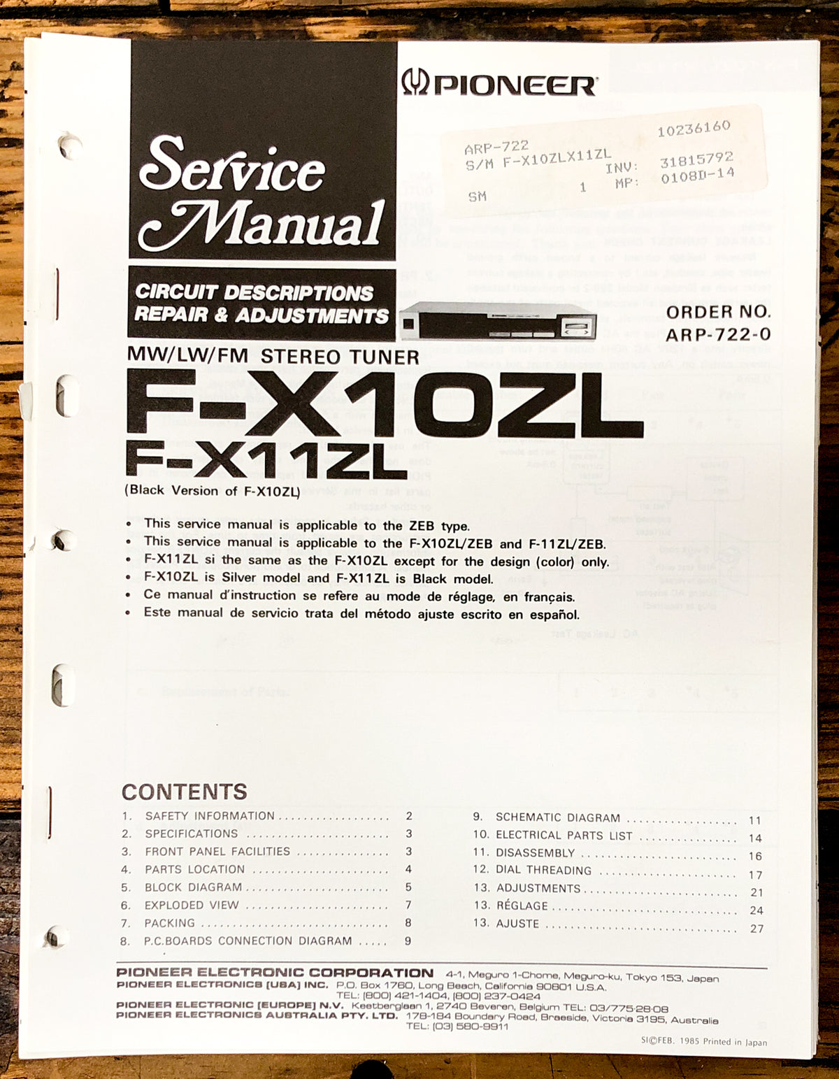Pioneer F-X10ZL F-X11ZL Tuner Service Manual *Original*