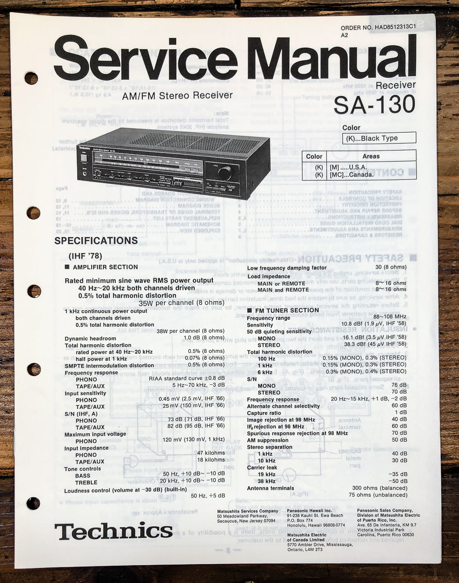 Technics SA-130 Receiver Service Manual *Original*