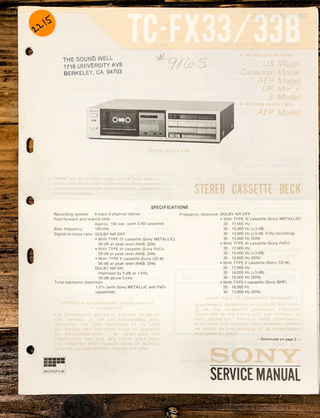 Sony TC-FX33 TC-FX33B Cassette Service Manual *Original*