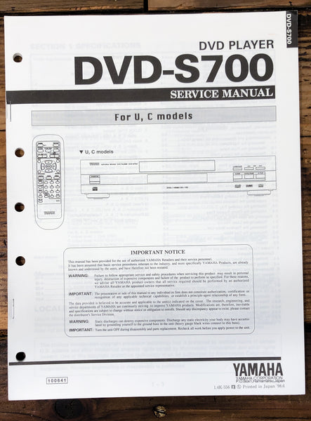 Yamaha DVD-S700 DVD Player  Service Manual *Original*