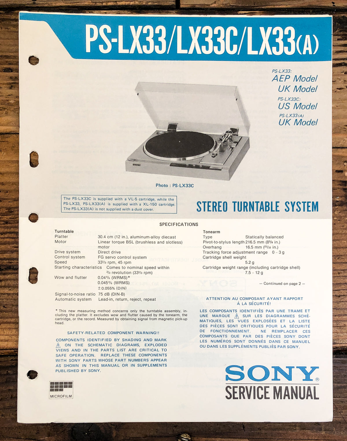 Sony PS-LX33 -LX33C -LX33A Record Player / Turntable Service Manual *Original*