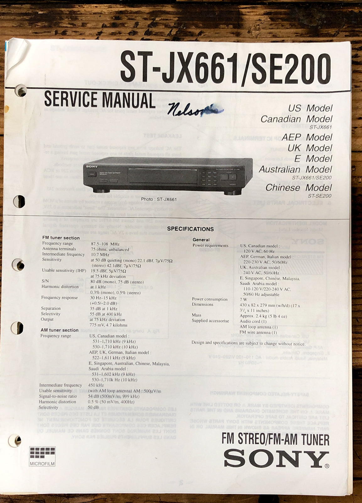 Sony ST-JX661 ST-SE200 Tuner  Service Manual *Original*