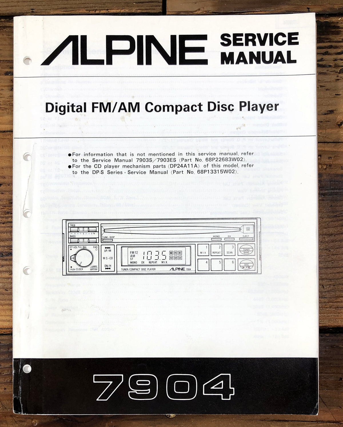 Alpine 7904 Digital FM/AM Compact Disc Player Service Manual *Original*