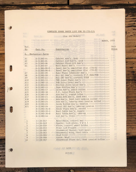 Sony TC-770 -2 -4 Reel to Reel Parts List Manual *Original*