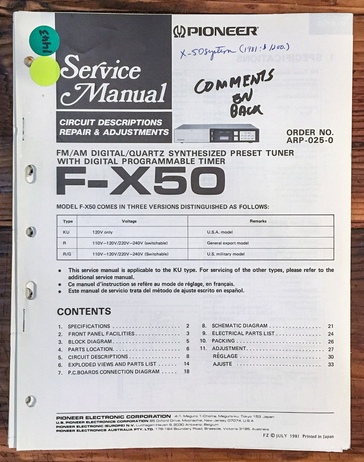 Pioneer F-X50 Tuner  Service Manual *Original*