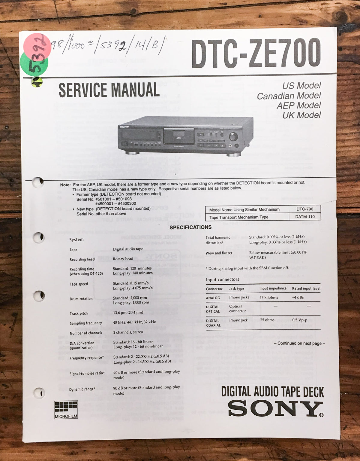 Sony DTC-ZE700 DAT Deck  Service Manual *Original*