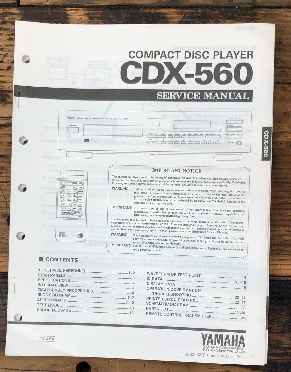 Yamaha CDX-560 CD Player Service Manual *Original*