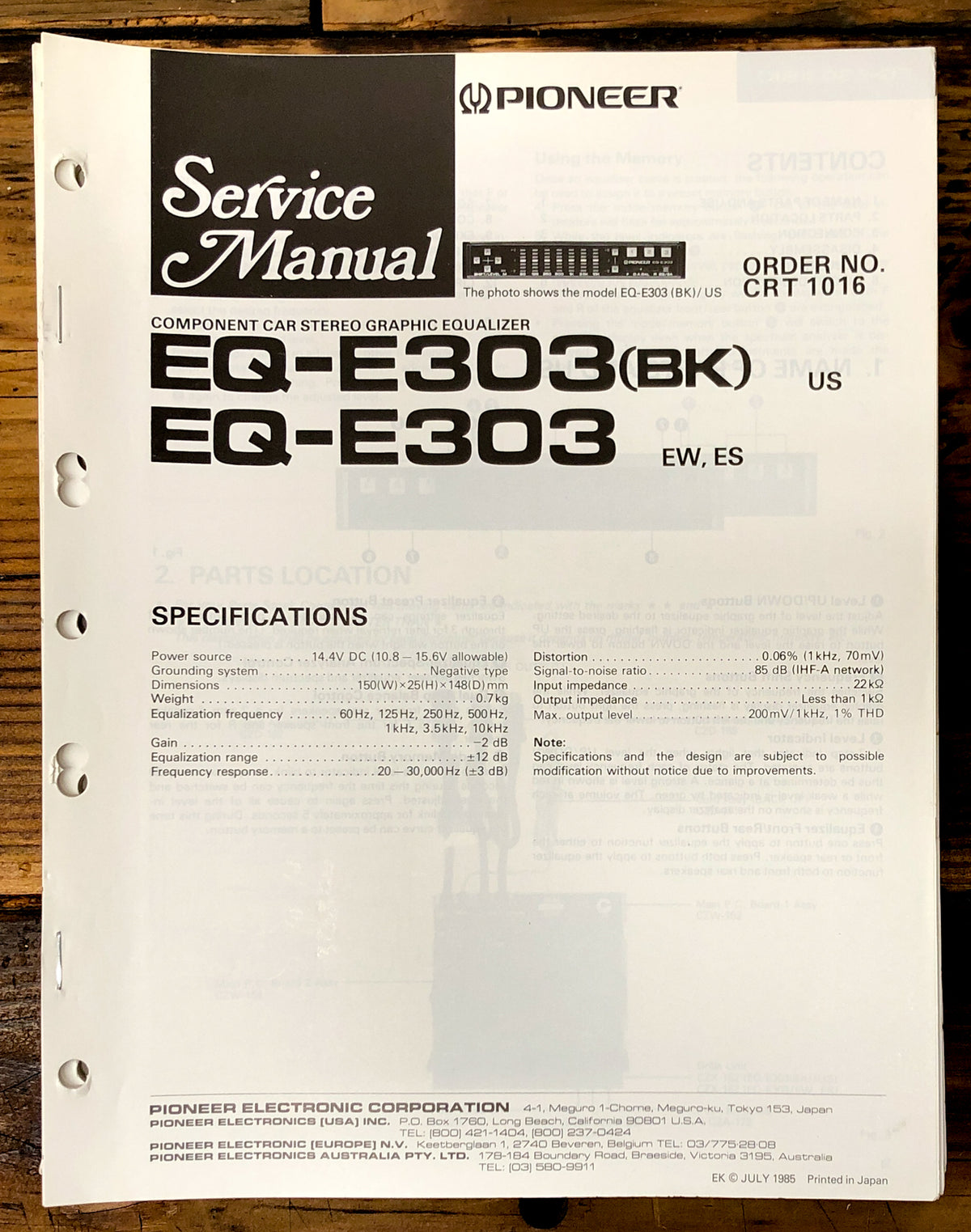 Pioneer EQ-E303  Equalizer Service Manual *Original*