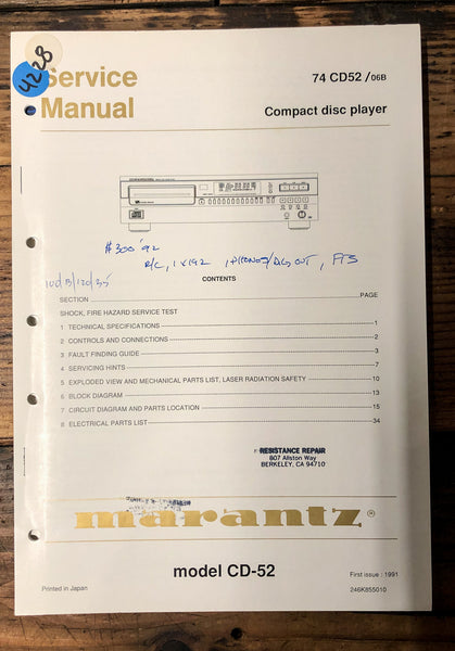 Marantz CD52 CD-52 CD Player  Service Manual *Original*