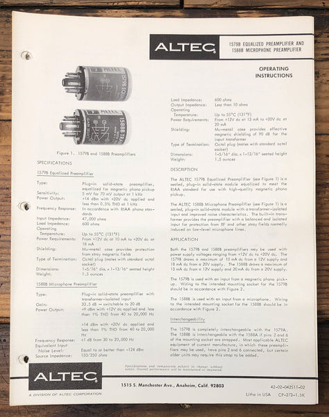 Altec Model 1579B 1588B Mic Preamp  Owners & Schematic Manual *ORIGINAL*