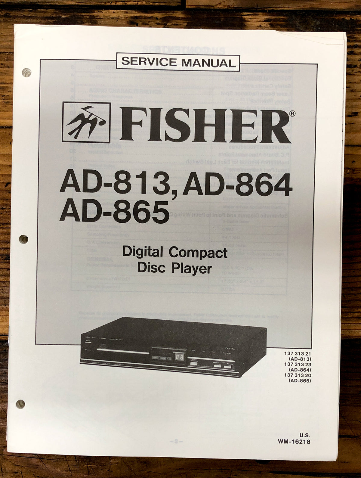 Fisher AD-813 AD-864 AD-865 CD Player  Service Manual *Original*