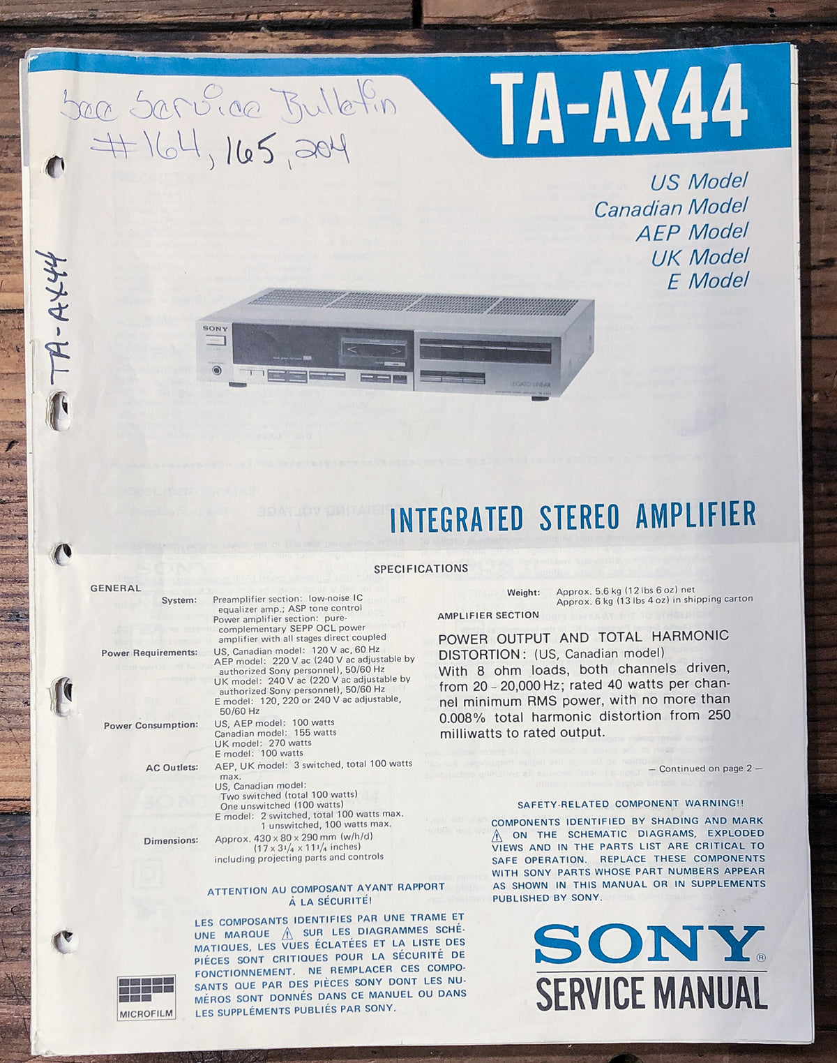 Sony TA-AX44 Amplifier  Service Manual *Original*