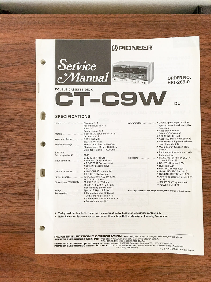 Pioneer CT-C9W Cassette Service Manual *Original*