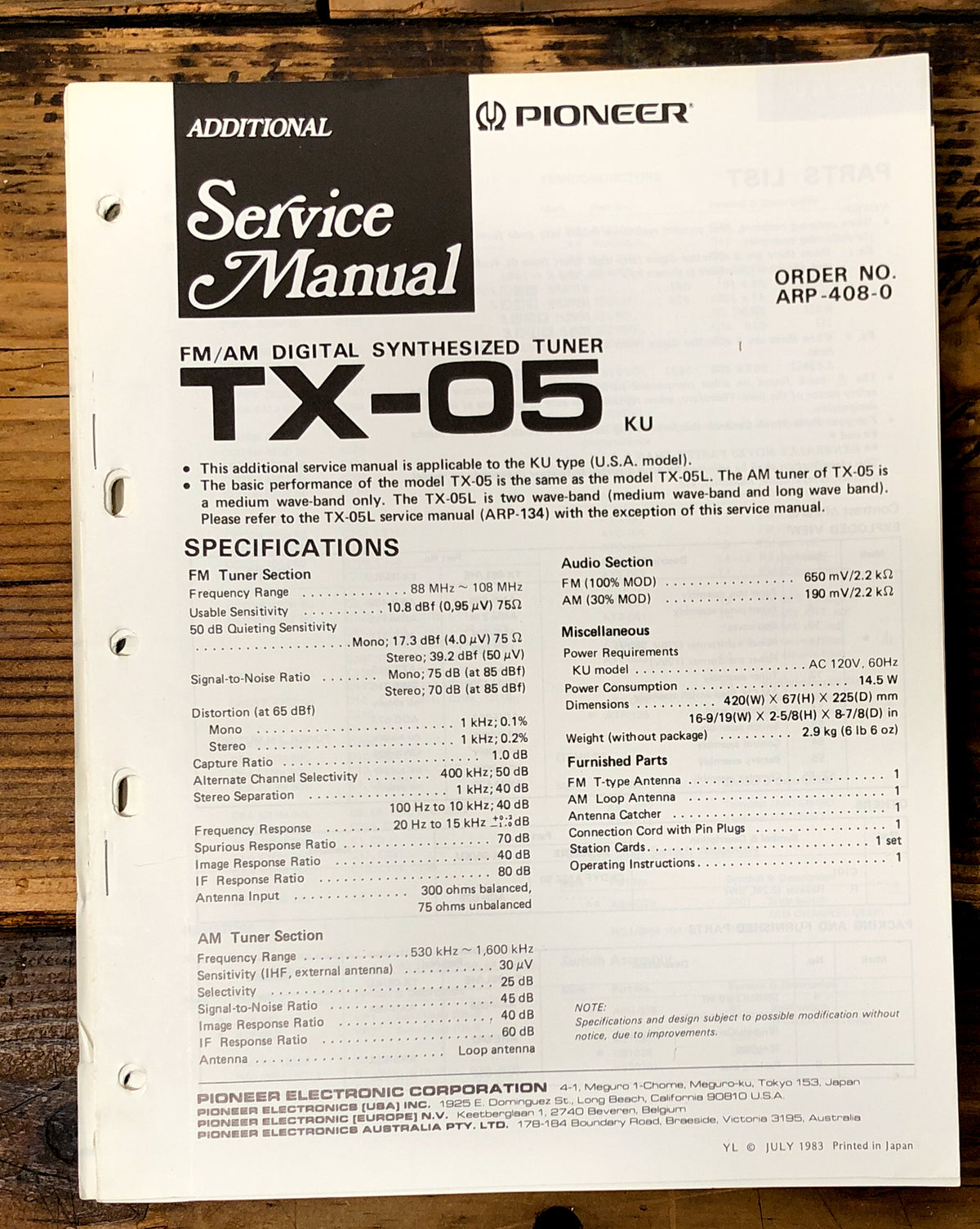 Pioneer TX-05 Tuner Add. Service Manual *Original*