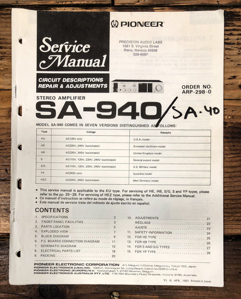 Pioneer SA-940 SA-40 Amplifier Service Manual *Original*