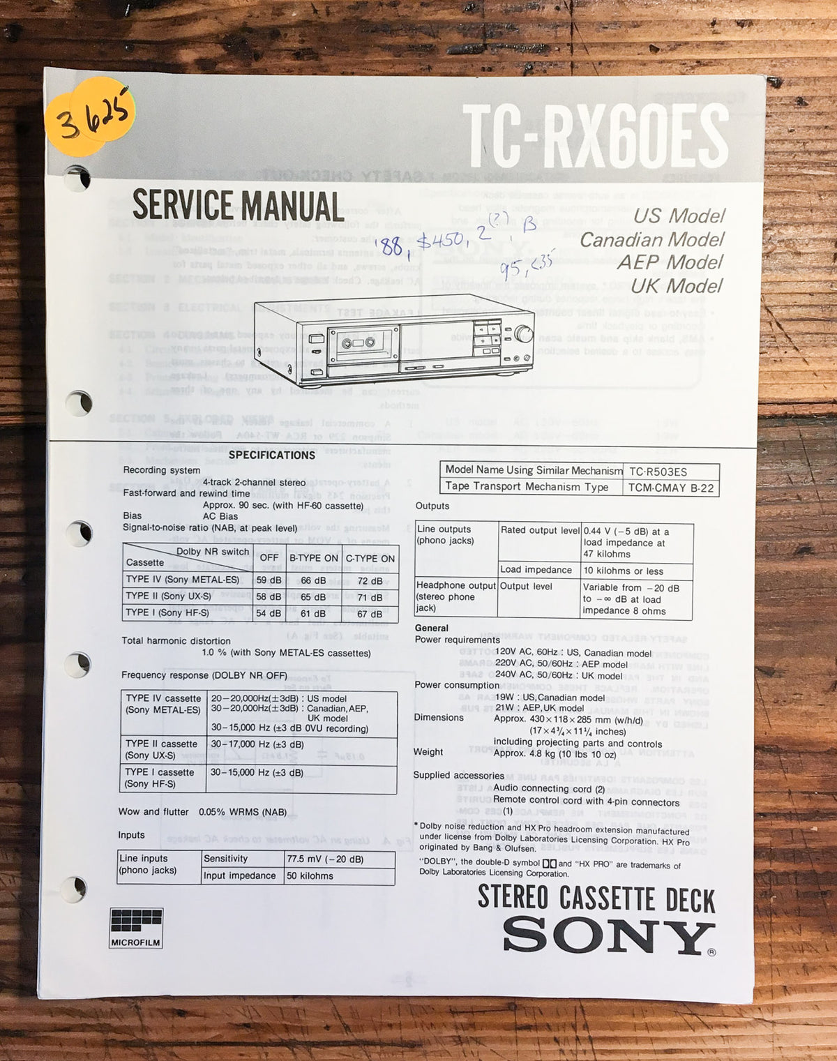 Sony TC-RX60ES Cassette  Service Manual *Original*