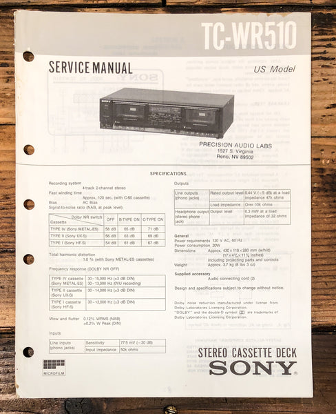 Sony TC-WR510 Cassette Service Manual *Original*
