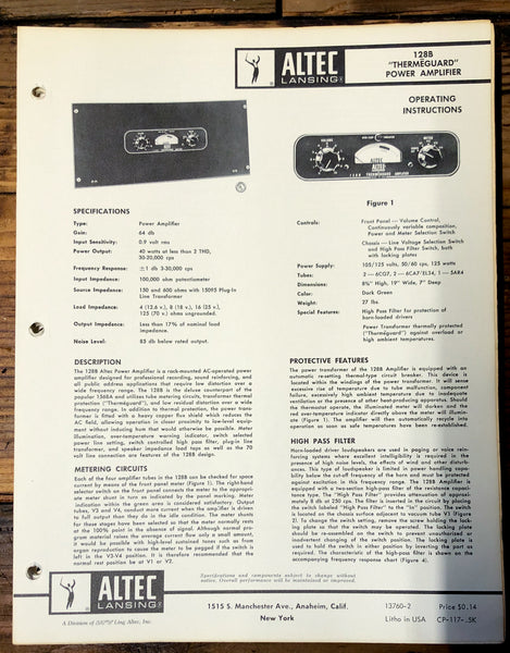 Altec Model 128B Amplifier  Owners Manual & Schematic *Orig*