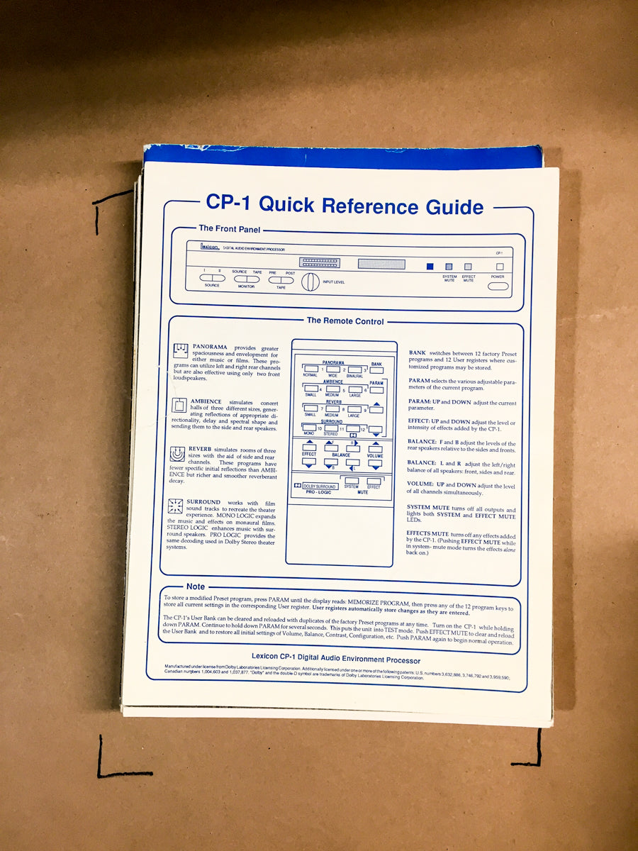 Lexicon CP-1 Processor Quick Reference Guide *Original*
