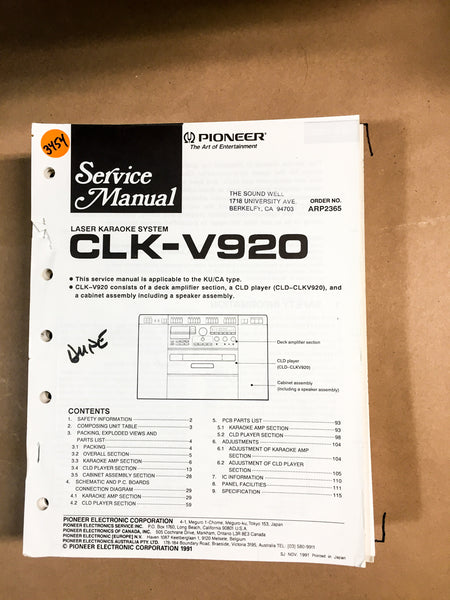 Pioneer CLK-V920 Laserdisc Player Service Manual *Original*