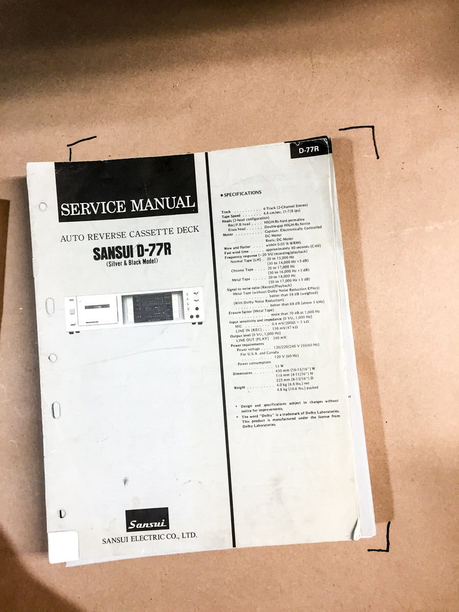 Sansui D-77R Cassette Deck Service Manual *Original*