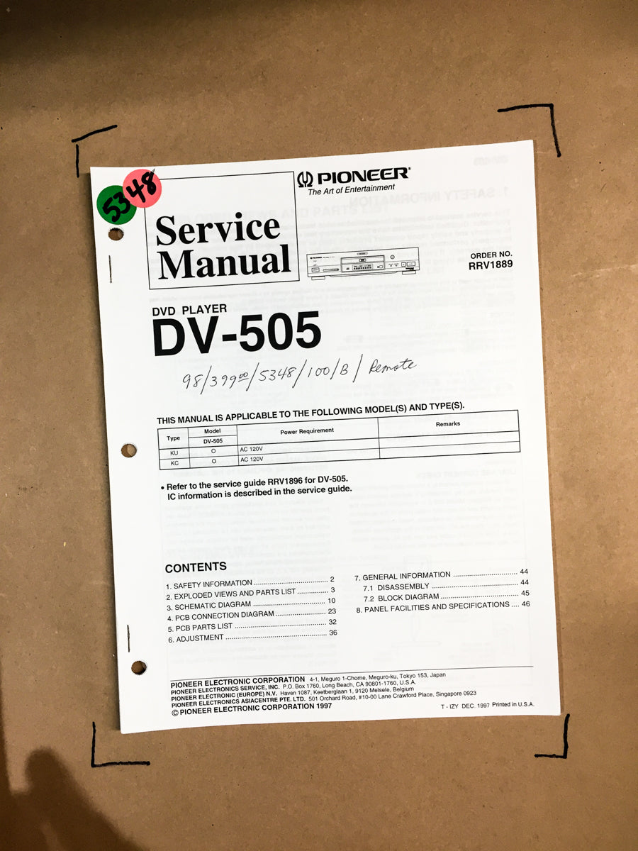 Pioneer DV-505 DVD Player Service Manual *Original*