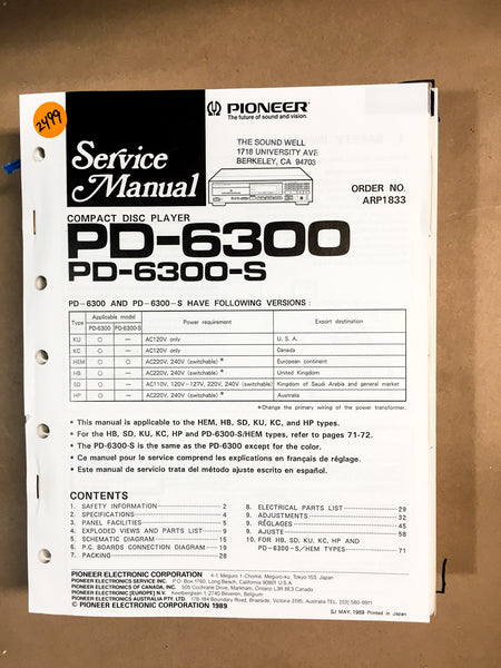 Pioneer PD-6300 / PD-6300-S CD Player Service Manual *Original*