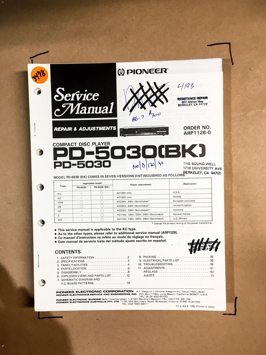 Pioneer PD-5030 CD Player Service Manual *Original*