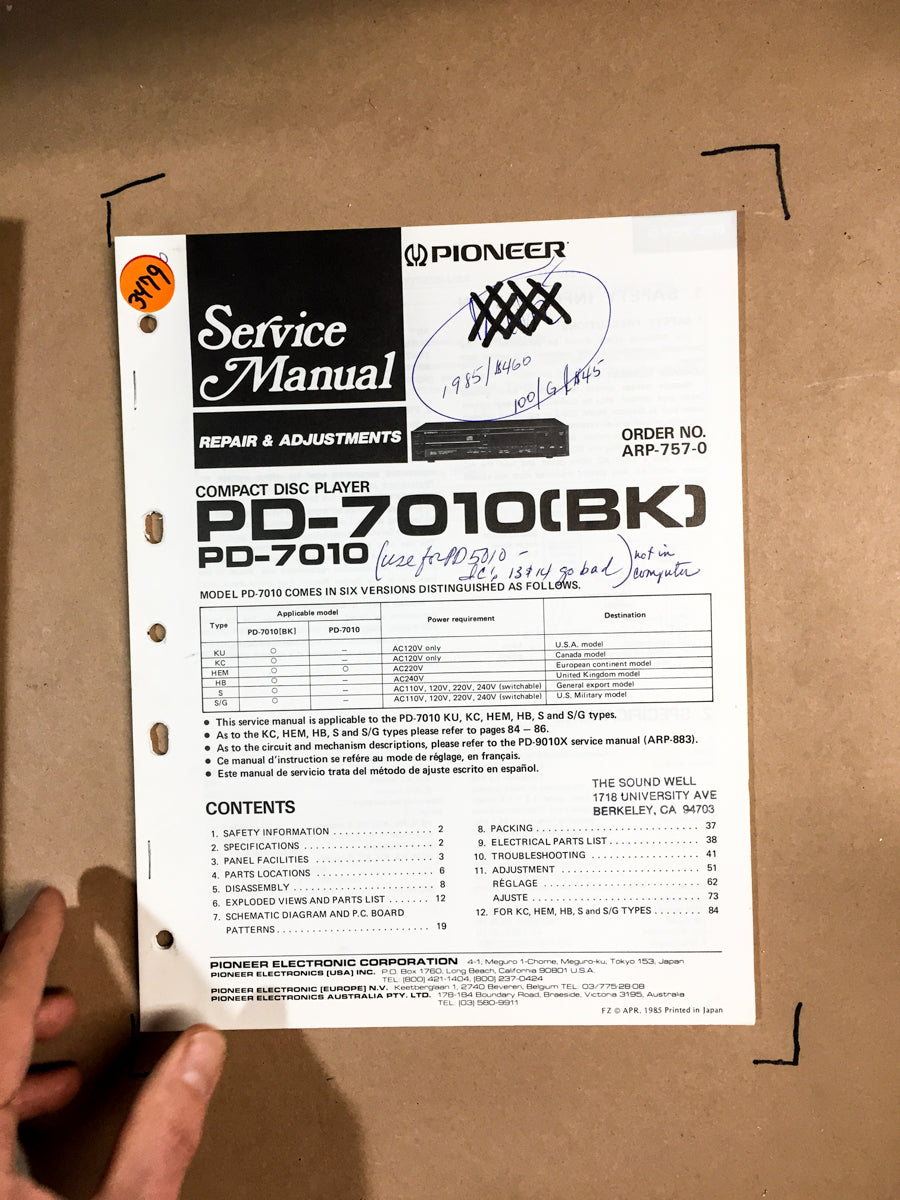 Pioneer PD-7010 CD Player Service Manual *Original*