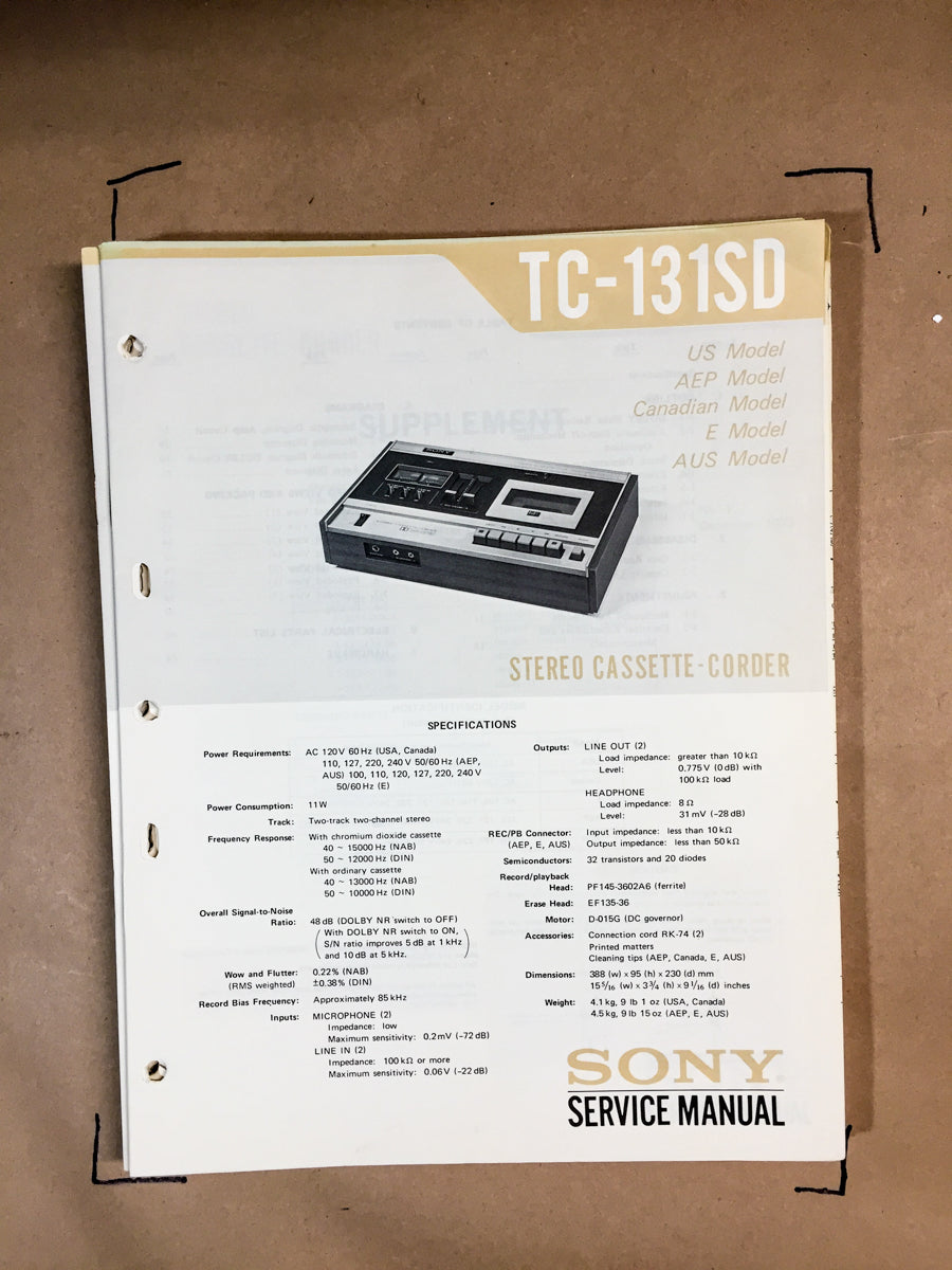 Sony TC-131SD Cassette Service Manual *Original*