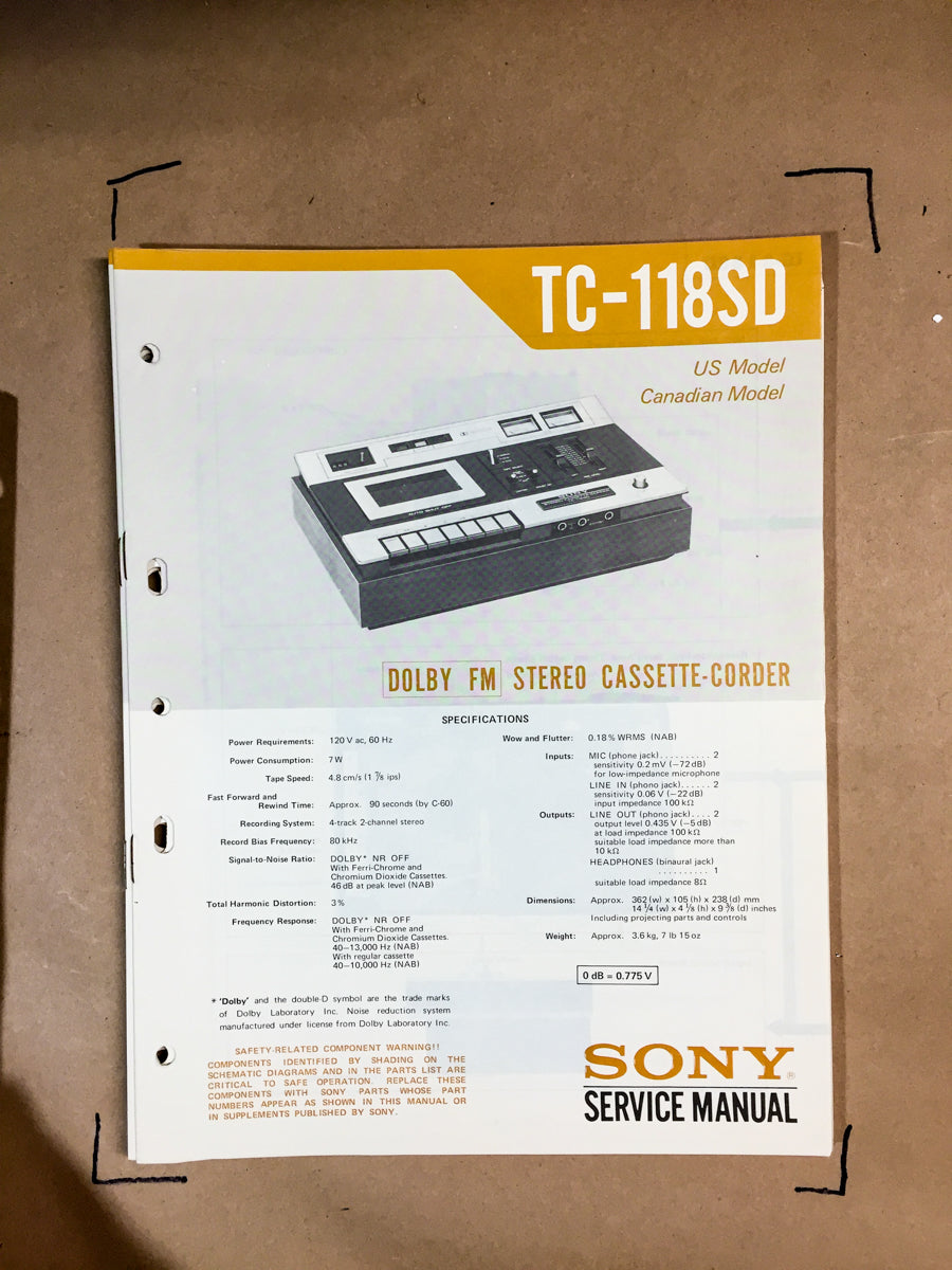 Sony TC-118SD Cassette Service Manual *Original*