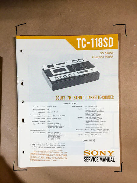 Sony TC-118SD Cassette Service Manual *Original*