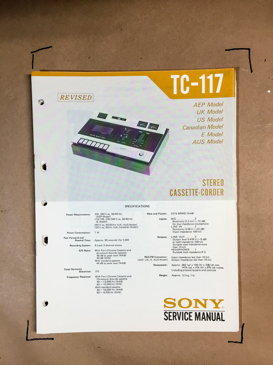 Sony TC-117 Cassette Service Manual *Original*