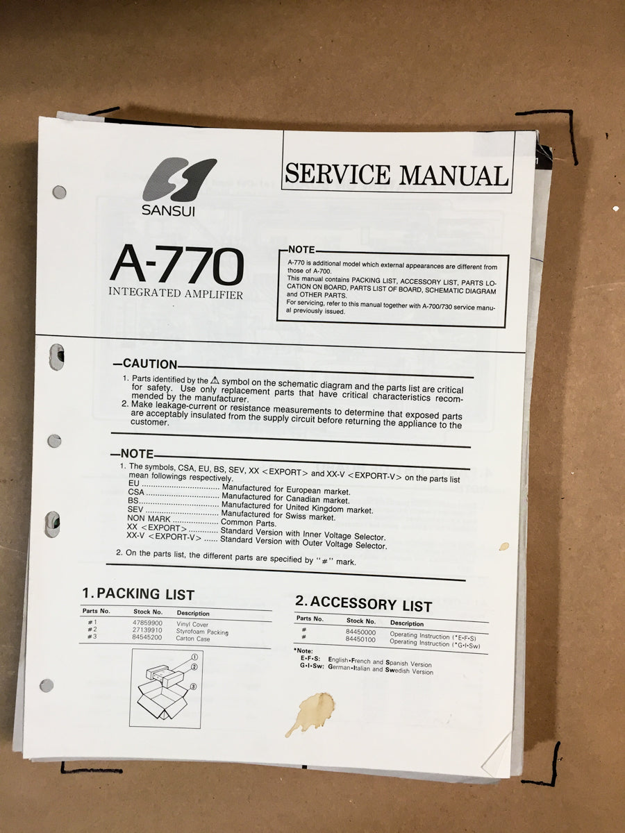 Sansui A-770 Amplifier Service Manual *Original*